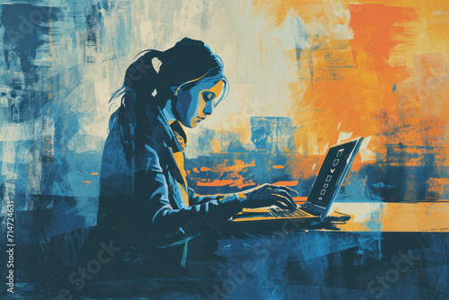 Illustration of a Woman Doing a Task in Front of a Computer, Side View