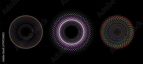 A spiral dots abstract vector illustration pattern backdrop in a metallic hue against a sleek black background. This design element is perfect for frames, circular logos, signs, symbols, and prints.