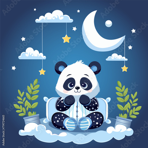 baby panda dressed in night pajamas and getting ready for bed, in bed, moon, dark blue sky with stars outside the window