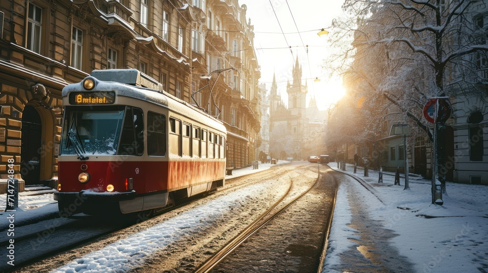 A tram in winter in the street of Prague. Czech Republic in Europe.