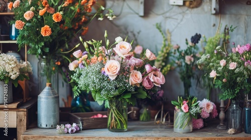 Florist workplace: flowers and accessories   photo