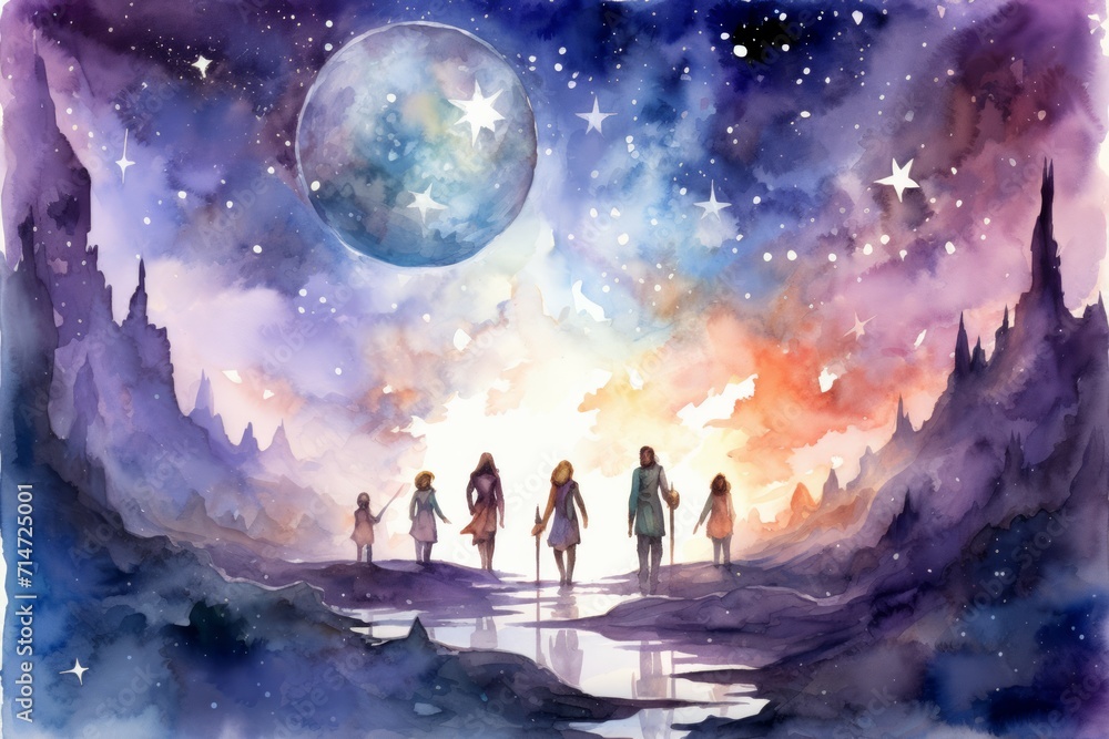 Obraz premium Curious celestial travelers, journeying between galaxies and discovering hidden wonders - Generative AI