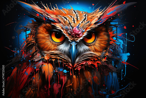 Abstract, multicolored neon portrait of an owl looking forward, in the style of pop art on a black background.