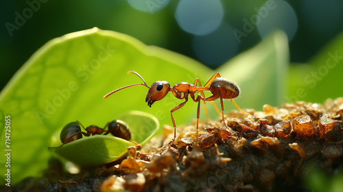 Ants help biting green leaf to build nest - animal behavior , Generate AI