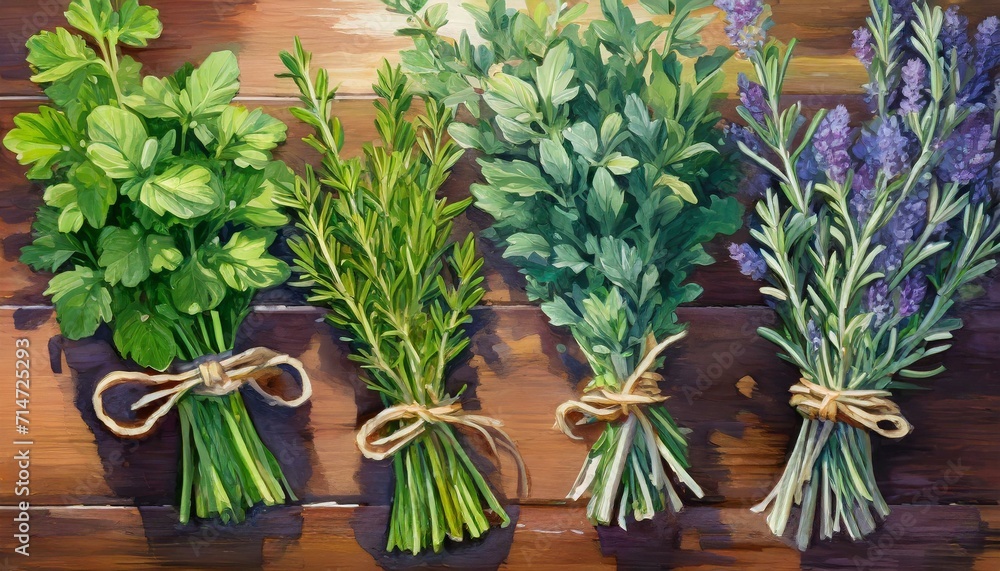 Painting of Bunches of Culinary Herbs on a Wooden Table, Parsley, Sage, Rosemary and Thyme, Vibrant Botanical Illustration Painting of Bunches of Culinary Herbs on a Wooden Table, Parsley, Sage, Rosemary and Thyme, Vibrant Botanical Illustration