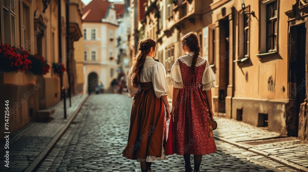 Back view of beautiful girls in traditional Czech clothing in street with historic buildings in the city of Prague, Czech Republic in Europe. Back view of beautiful girls in traditional Czech clothing in street with historic buildings in the city of Prague, Czech Republic in Europe.