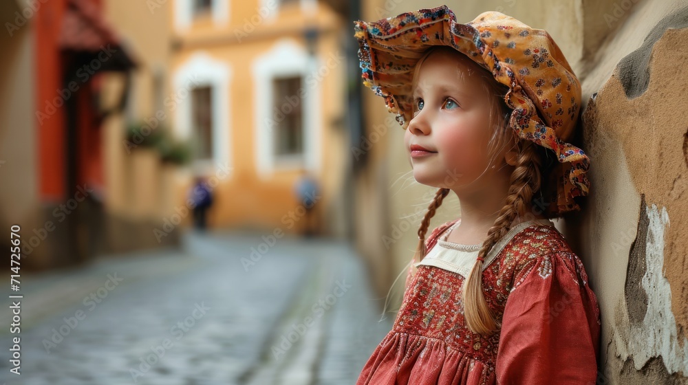 A beautiful little girl in traditional Czech clothing in street with historic buildings in the city of Prague, Czech Republic in Europe.