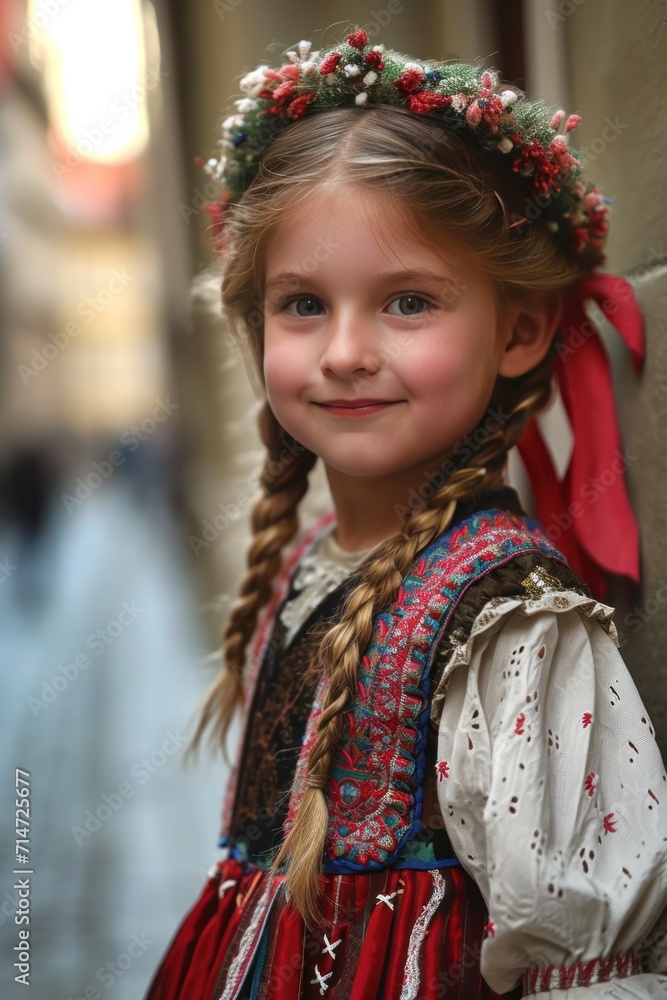 A beautiful little girl in traditional Czech clothing in street with historic buildings in the city of Prague, Czech Republic in Europe.