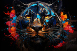 Abstract, multicolored neon portrait of a black panther looking forward, in the style of pop art on a black background.