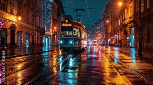A tram at night in the street of Prague. Czech Republic in Europe.