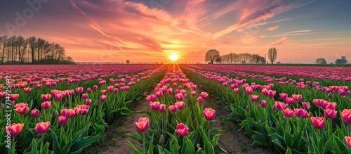 Enchanting scenery with Netherlands tulip field and sunrise.