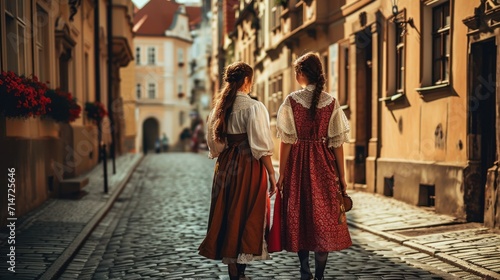 Back view of beautiful girls in traditional Czech clothing in street with historic buildings in the city of Prague, Czech Republic in Europe. © Joyce