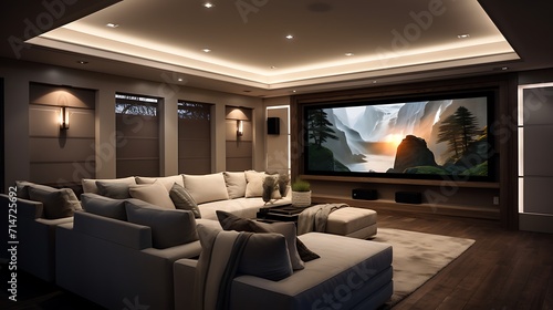 A basement into a home theater with comfortable seating and a projector screen.