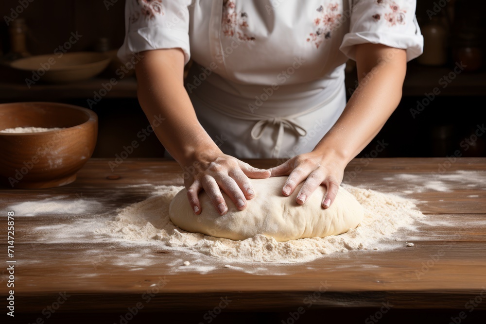 hands kneading dough on wooden kitchen table