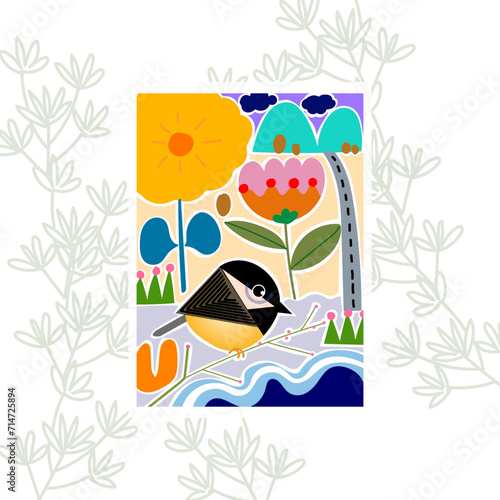Little sparrow bir with floral, flowers and plants simple colorful doodle vector illustration.