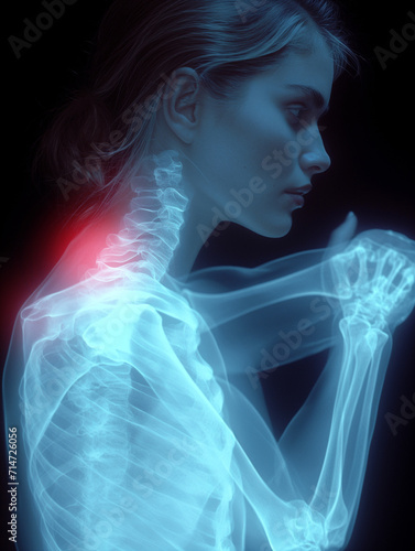 Orthopädie Knochen als Röntgenbild in digitaler leuchtender Darstellung, ai generativ