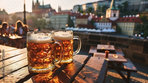 Beer mug with beer and beautiful historical buildings of Prague city in Czech Republic in Europe.
