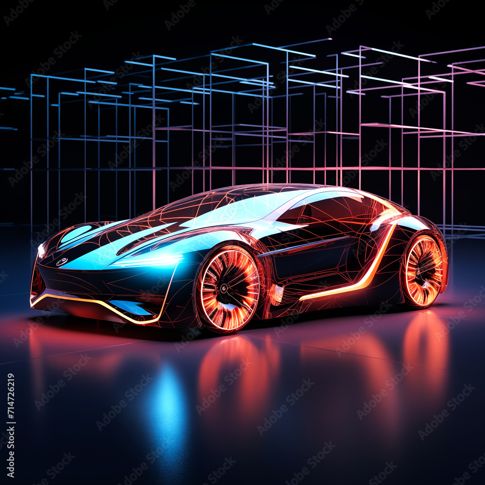 Naklejka premium An AI generative image of 3D projection electric car with neon light