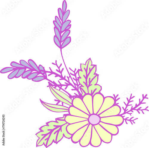 A bouquet of cartoon  cute flowers  blades of grass  leaves of bright flowers with a lilac outline. Digital illustration is suitable for scrapbooking  branding  social networks  printing.