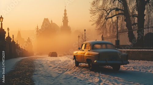 Vintage car in the street of Prague in winter. Czech Republic in Europe. © Joyce