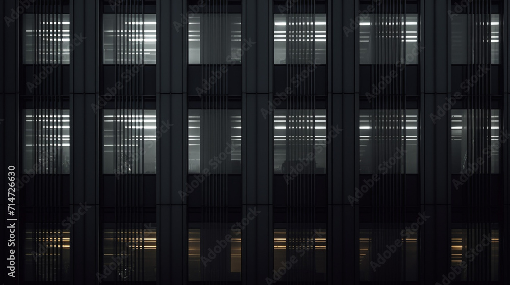 Seamless skyscraper facade with gray tinted windows and blinds at night. Modern abstract office building background texture with glowing lights against dark black exterior walls, generative AI Seamless skyscraper facade with gray tinted windows and blinds at night. Modern abstract office building background texture with glowing lights against dark black exterior walls, generative AI