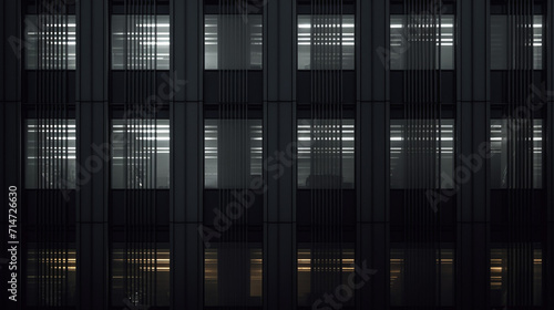 Seamless skyscraper facade with gray tinted windows and blinds at night. Modern abstract office building background texture with glowing lights against dark black exterior walls, generative AI