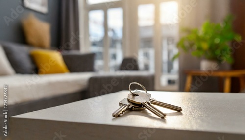 keys on the table in a modern living room with blurry background photo