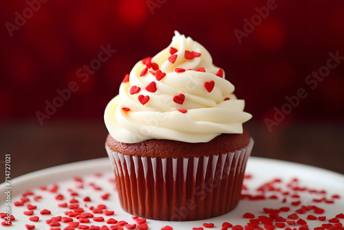 Red Velvet cupcake with heart shaped sprinkle decoration on frosting