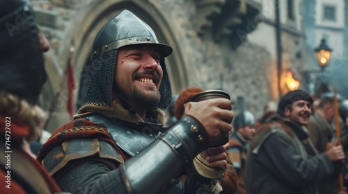 Medieval soldier holding wine mug in celebration party in armor in Prague city in Czech Republic in Europe.