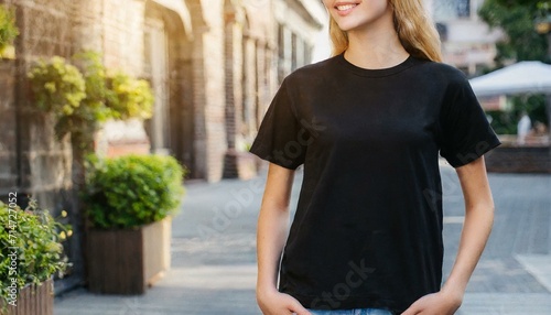 woman walking in the city with black shirt photo