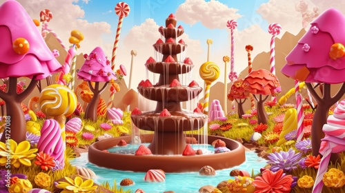 Fantasy landscape with a cake and sweets and chocolate fountain, illustration.