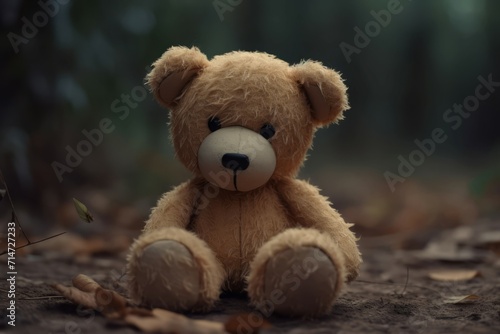 Teddy bear plushie. Stuffed and wonderful toy sitting alone green forest. Generate AI