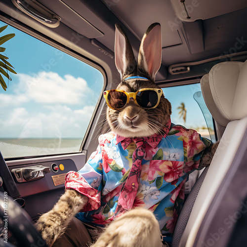 Hase mit Hawaihemd und Sonnenbrille am Steuer eines Wohnmobils in tropischer Umgebung