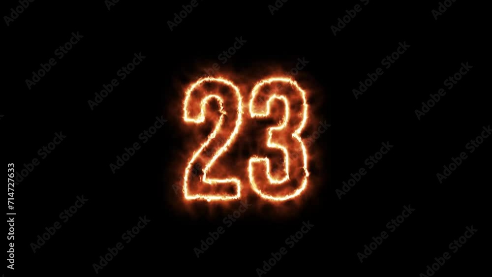 Number 23 Fire Animation on a Black Background. Number Twenty Thirty is burning in Flames Animation on Isolated Black Background Number 23 Fire Animation on a Black Background. Number Twenty Thirty is burning in Flames Animation on Isolated Black Background