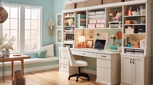 A small nook into a craft room with ample storage and a creative workspace.
