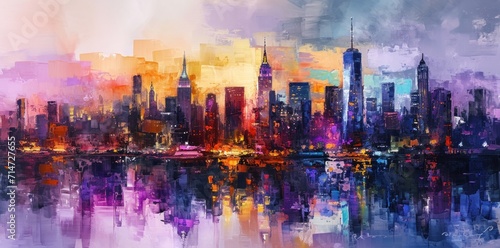 New York City Manhattan skyline at sunset with reflection in water painting style illustration.