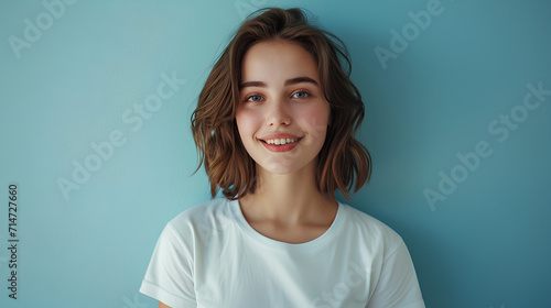 Portrait Mockup: Smiling Young Woman Wearing White Short Sleeve T-Shirt on Light Blue Background with Empty Space