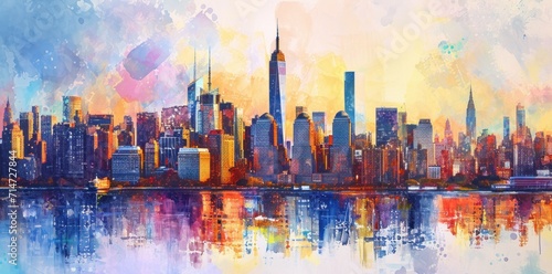 New York City Manhattan skyline at sunset with reflection in water painting style illustration. photo