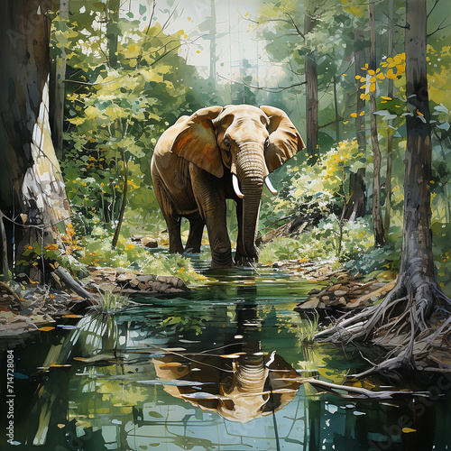 white_elephant_in_lake_in_forest_washing_yellow_pollen