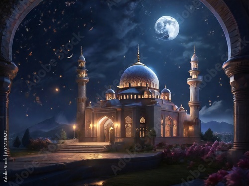 Ramadan atmosphere with mosque background, moon and many stars, design for poster, banner, flyer, Islamic social media theme. ai generative design