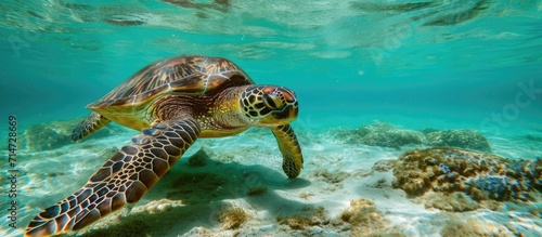 A sea turtle in clear water.