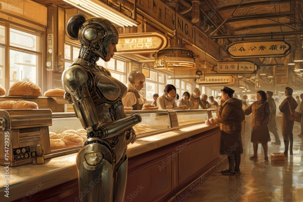 A robot standing in a store against the background of a counter and a lot of people