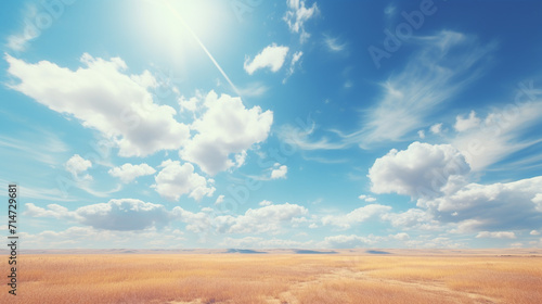 Blue sky and cloud with meadow tree. Plain landscape background for summer poster. Generate AI photo