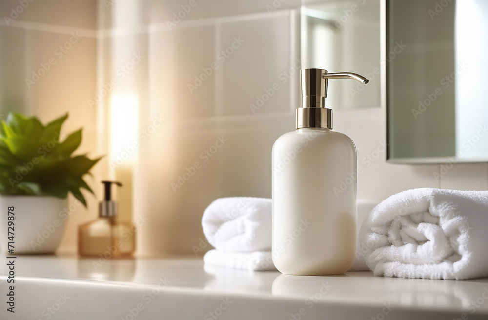 Soap dispenser and white towel on pastel bathroom desk interior. Natural skin care SPA beauty product design. White blank cosmetic bottle. Rest room, bath blurry background. Contemporary interior. Soap dispenser and white towel on pastel bathroom desk interior. Natural skin care SPA beauty product design. White blank cosmetic bottle. Rest room, bath blurry background. Contemporary interior.