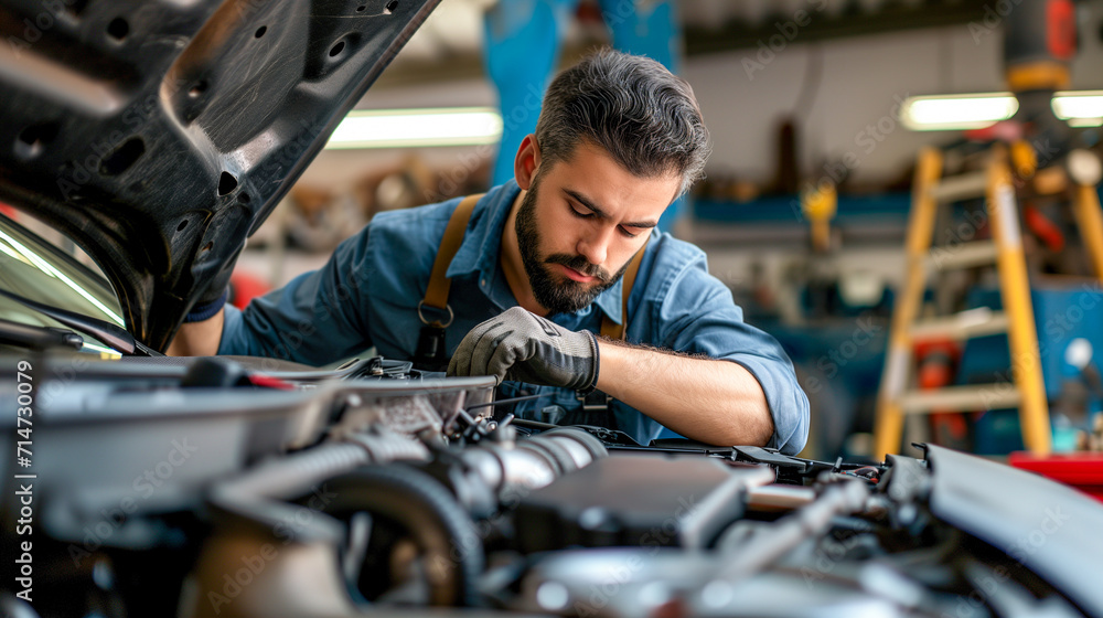 自動車修理工場で車を修理するメカニック、車検と点検のイメージ