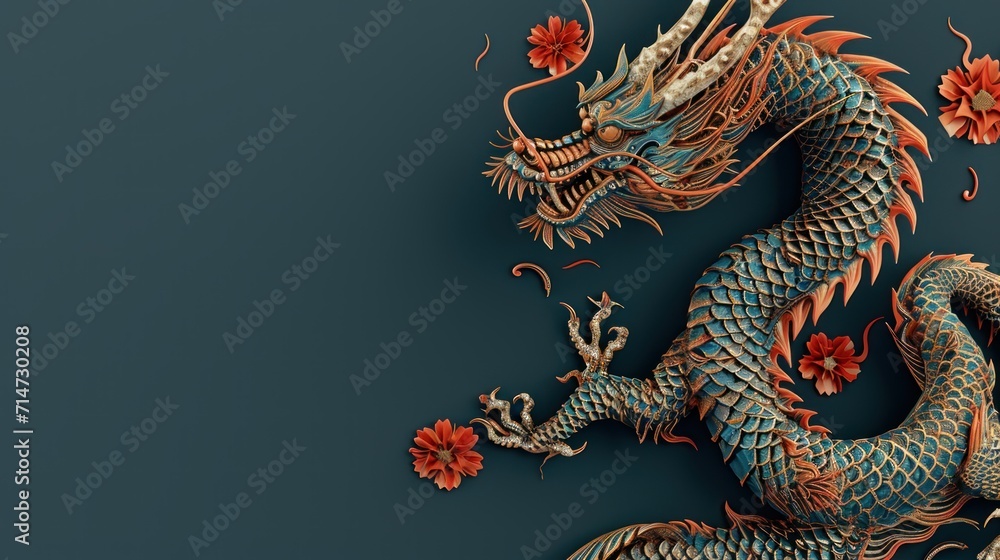 Obraz premium Chinese lunar new year celebration template with zodiac dragon and copy space design.