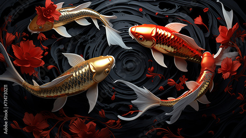 Black and red and yellow koi fish circled in a black circle , wallpaper design , Generate AI