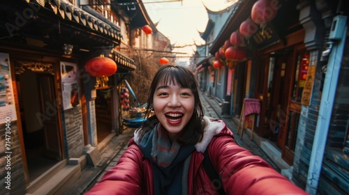 A young girl taking selfie in old town street with Chinese lunar new year decoration.