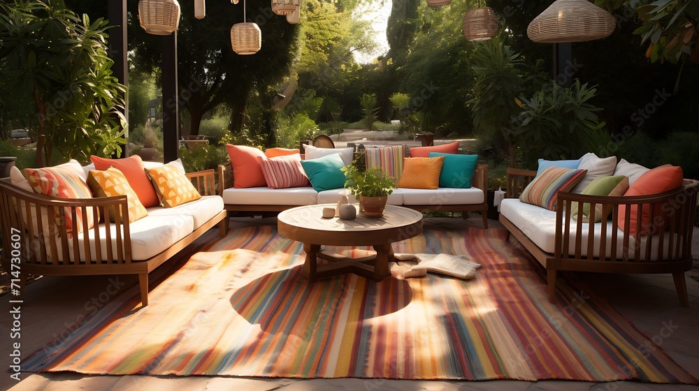 outdoor rugs to define different seating areas. - obrazy, fototapety, plakaty 