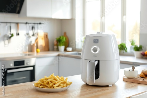 Modern white electric air-fryer cooking machine with French fries on table in kitchen. 